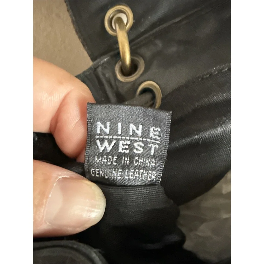 Vintage Soft‎ Black Leather Ninewest Backpack Drawstring Flap Closure Brass Tag
